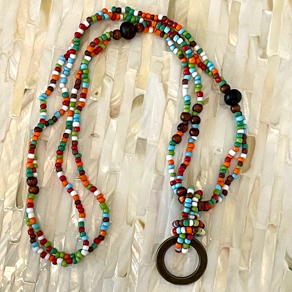 Vintage 80s Glass and Wood Beaded Necklace Metal Ring Drop Multi-color Beads